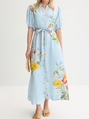 Marley dress Light Blue Floral Maxi Shirt Dress with Self-Tie Waist